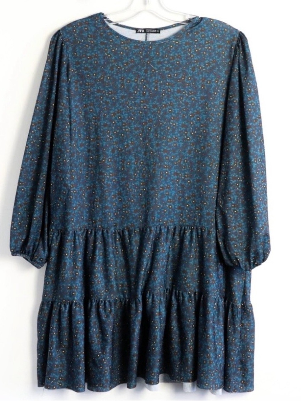 ZARA Teal Blue Ditsy Floral Tiered Dress
